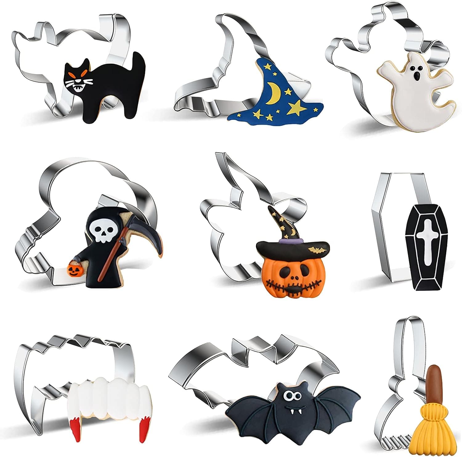 Halloween Cookie Cutters Set Large - 9 PCS Stainless Steel Fall Cookie Cutter Witch Hat, Pumpkin, Ghost, Bat,Cat, Coffin, Broom, Vampire Teeth,Sickle Grim Reaper. (9 PCS) (9 Pcs)