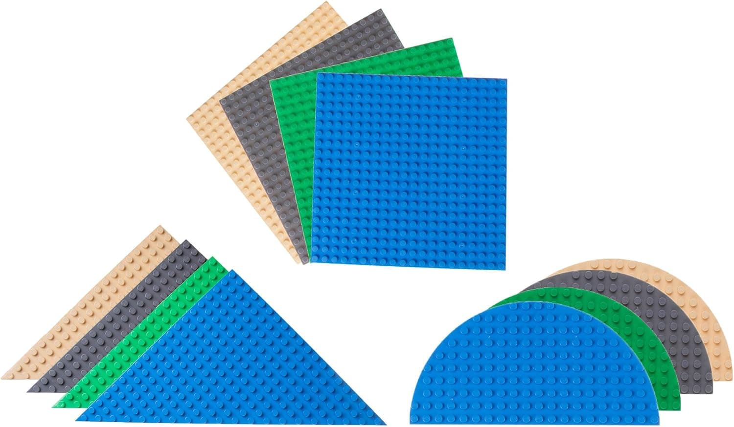 Strictly Briks Classic Stackable 6" Half Circle, Triangle & Square Baseplate Brik Tower Building Brick Set | 100% Compatible with All Major Brands | 12 Base Plates | Blue, Green, Gray & Sand