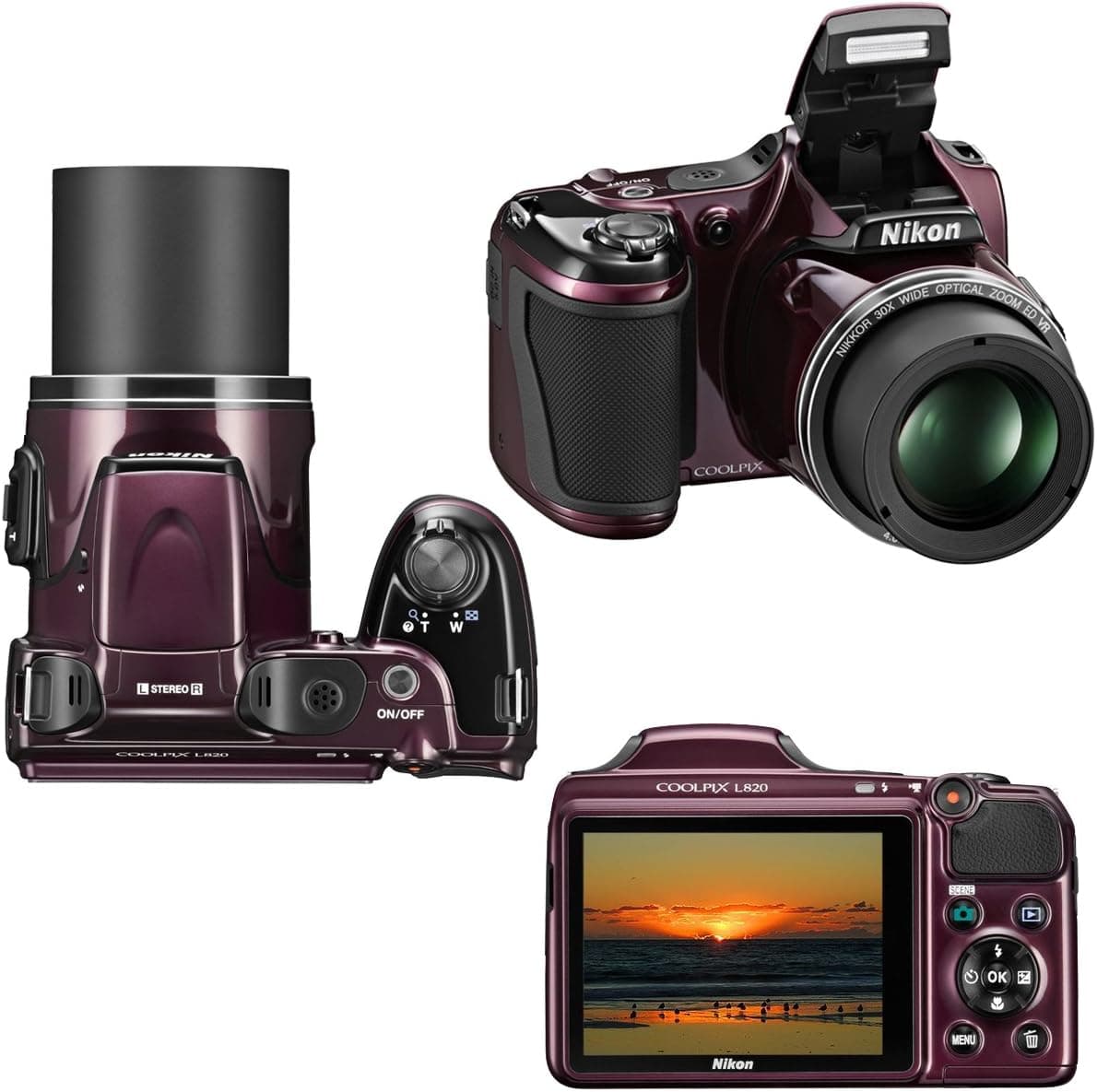 Nikon COOLPIX L820 16 MP CMOS Digital Camera with 30x Zoom Lens & HD Video - Plum (Import) + 8pc Bundle 8GB Accessory Kit w/HeroFiber® Ultra Gentle Cleaning Cloth