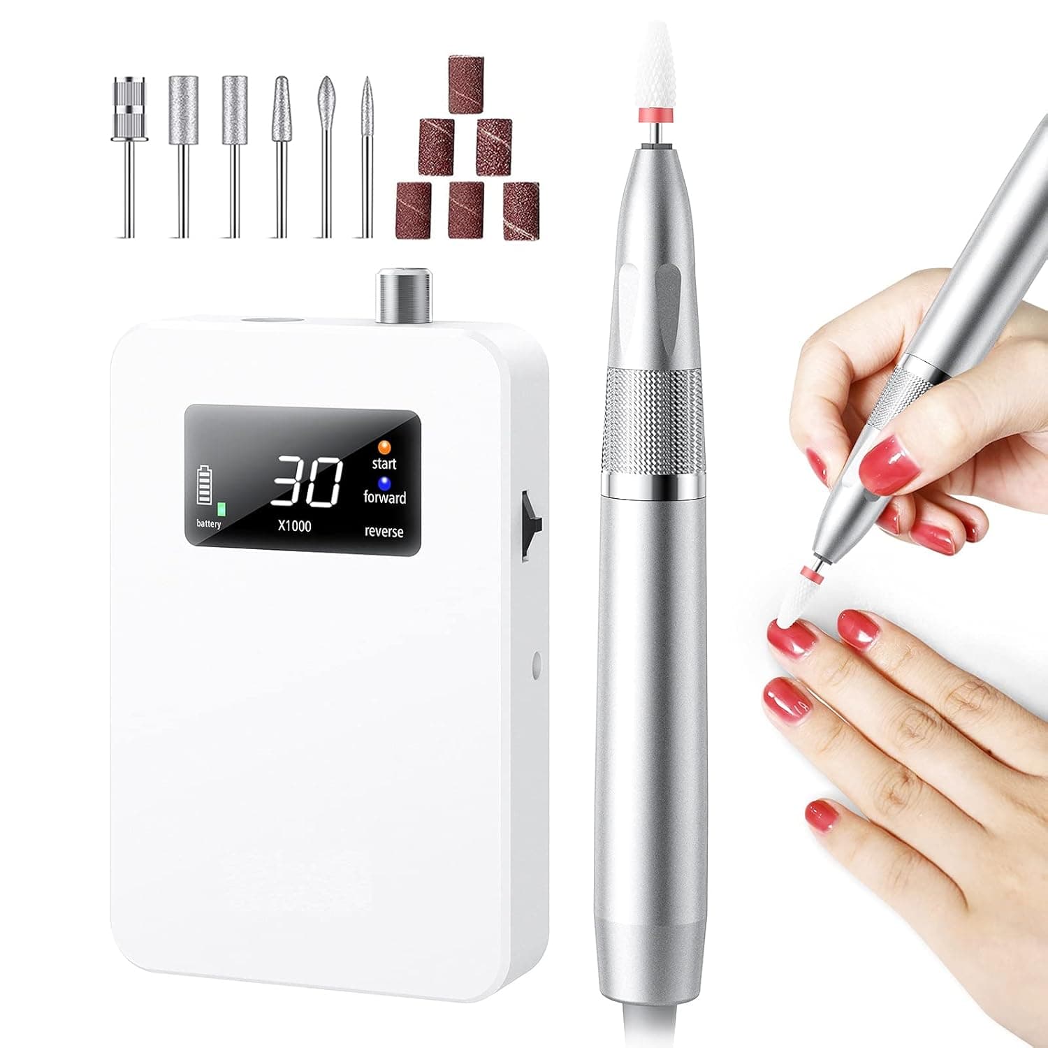 Professional Nail Drill 30000rpm Nail File Drill Machine With 6pcs Drill Bits for Poly Nails Art Nails, 35 dbs Low Noise, No Heat, Anti-Vibration (With videos of bit exchanging) …
