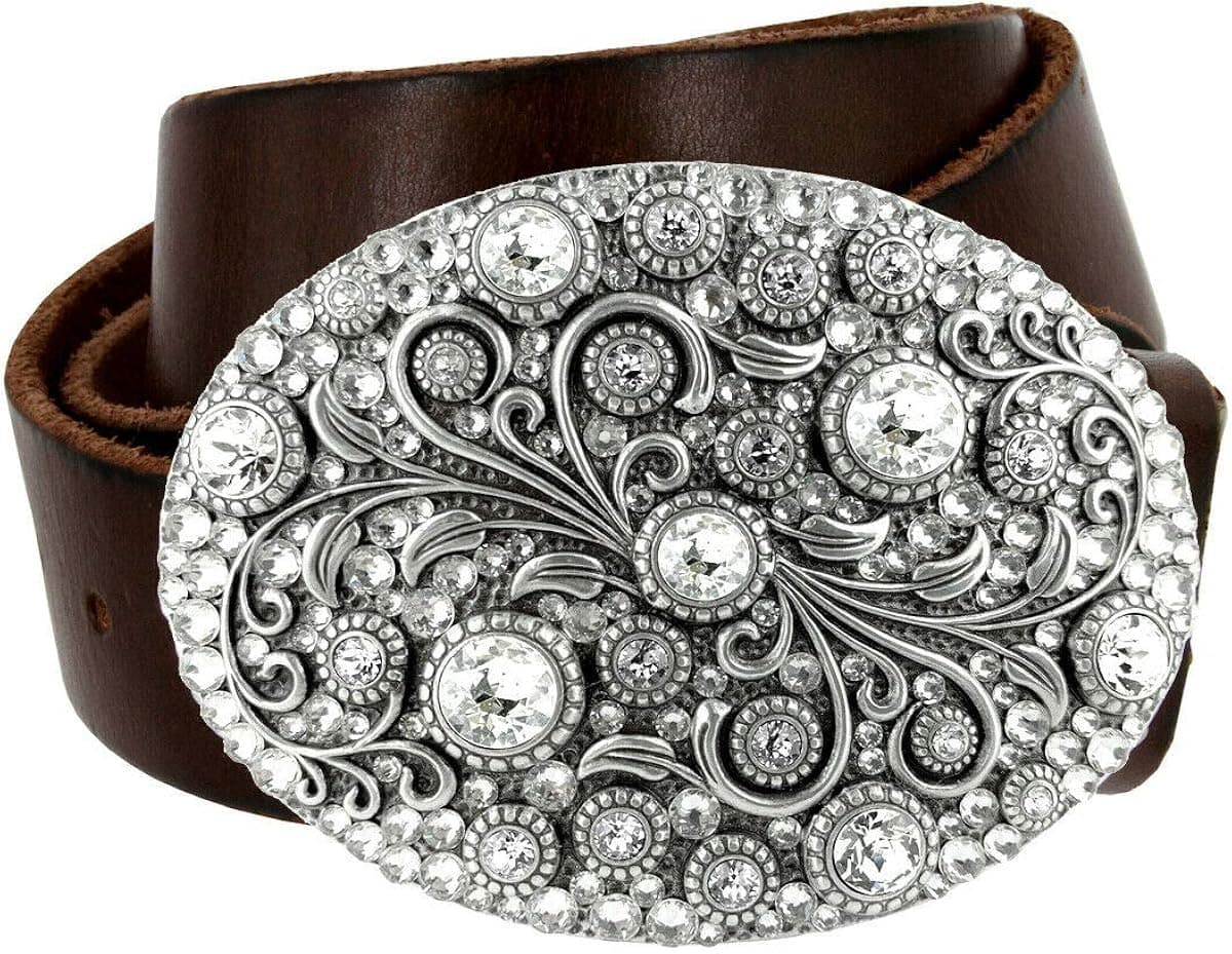 Timeless Tranquility Rhinestone Crystal Floral Buckle Genuine Leather Belt 1-1/2"(38mm) Wide