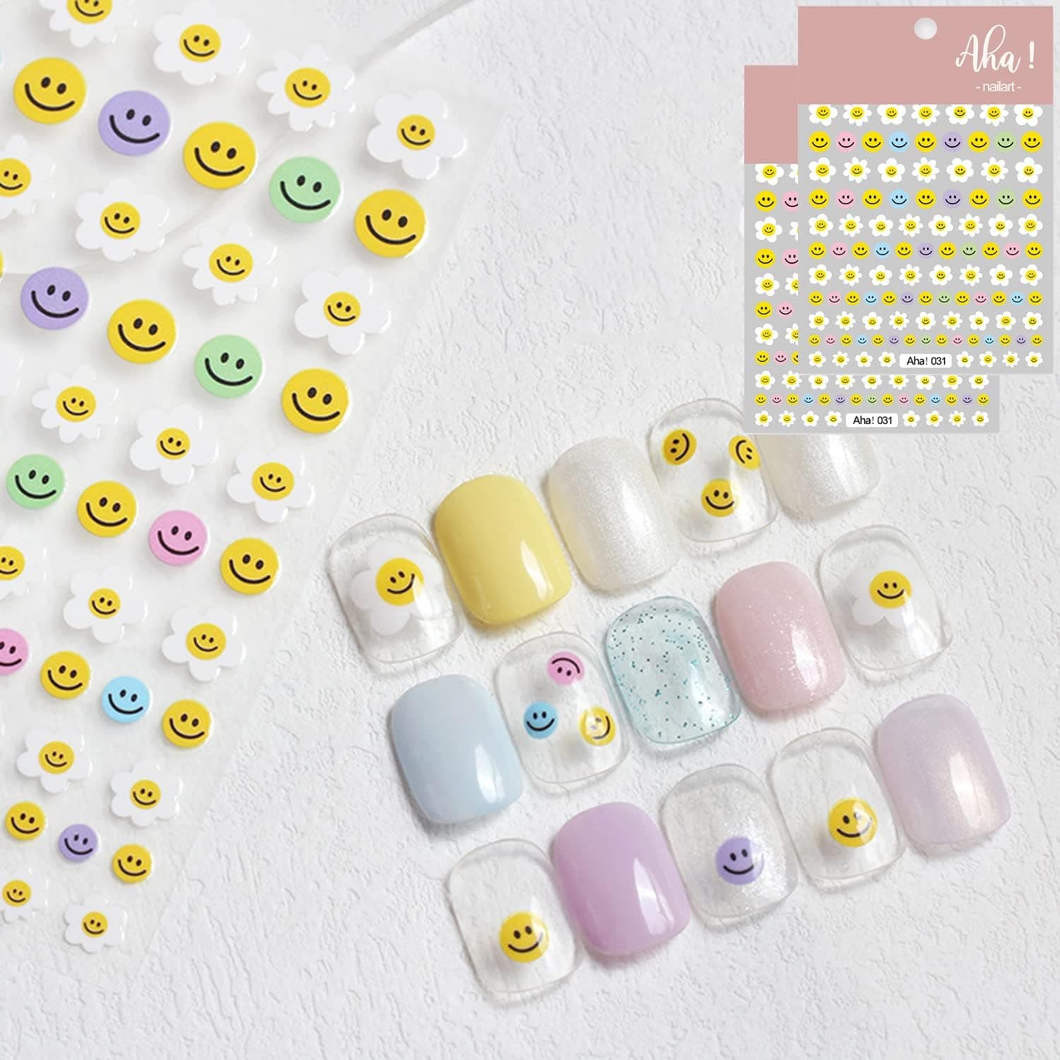 Flower Smiley Nail Art Stickers Decals Cute Smile Flowers Face Nail Art Sticker 3D Self Adhesive DIY Design Fashion Trend Glamour Decoration Accessories for Ladies Girls Kids (2 Sheets)