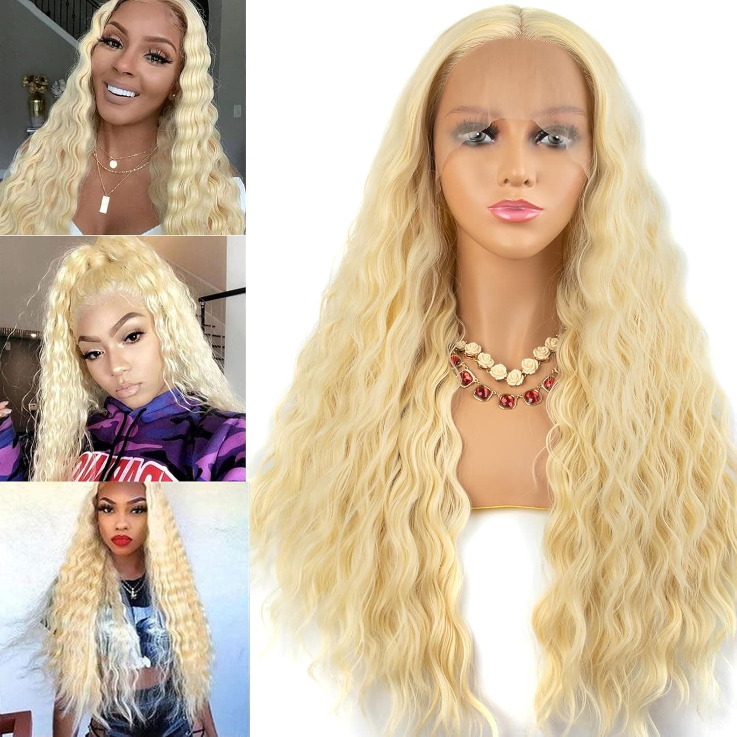 Coralegend Bleach Blonde #613 Curly Lace Front Wig Free Part Long Glueless Lightest Blonde Kinky Curly Synthetic Lace Front Wigs for Women Pre Plucked Heat Resistant 24 Inches 150% Density