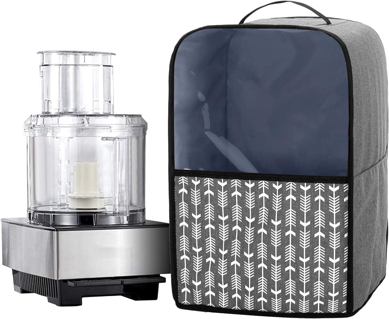 Yarwo Food Processor Dust Cover with Pockets and Top Handle, Compatible with Hamilton Beach, Cuisinart 11-14 Cup Food Processor, Gray with Arrow (Cover Only, Patent Pending)