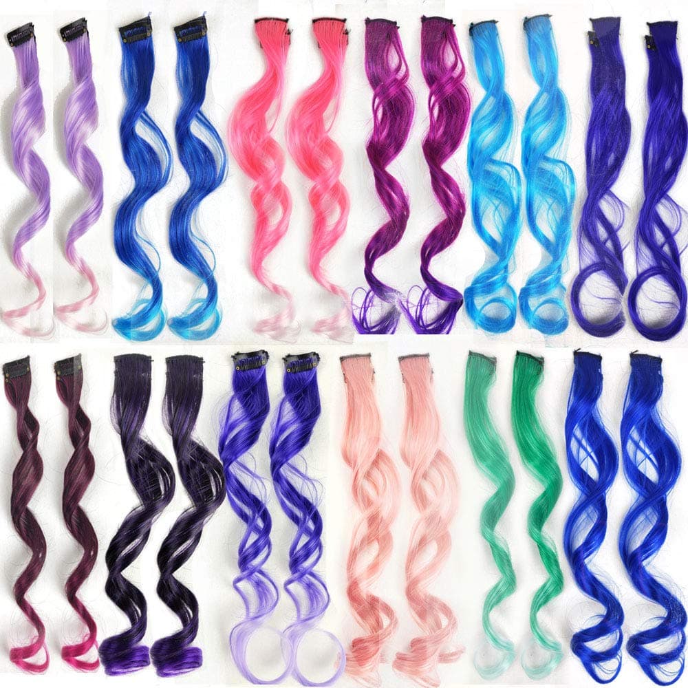 24 PCS Colored Hair Extensions Clips 12 Ombre Colors Party Highlights Curly Clip in Hair Extensions Multi-colors Curly Hair Streaks Synthetic Hairpieces (12colors curly wave)