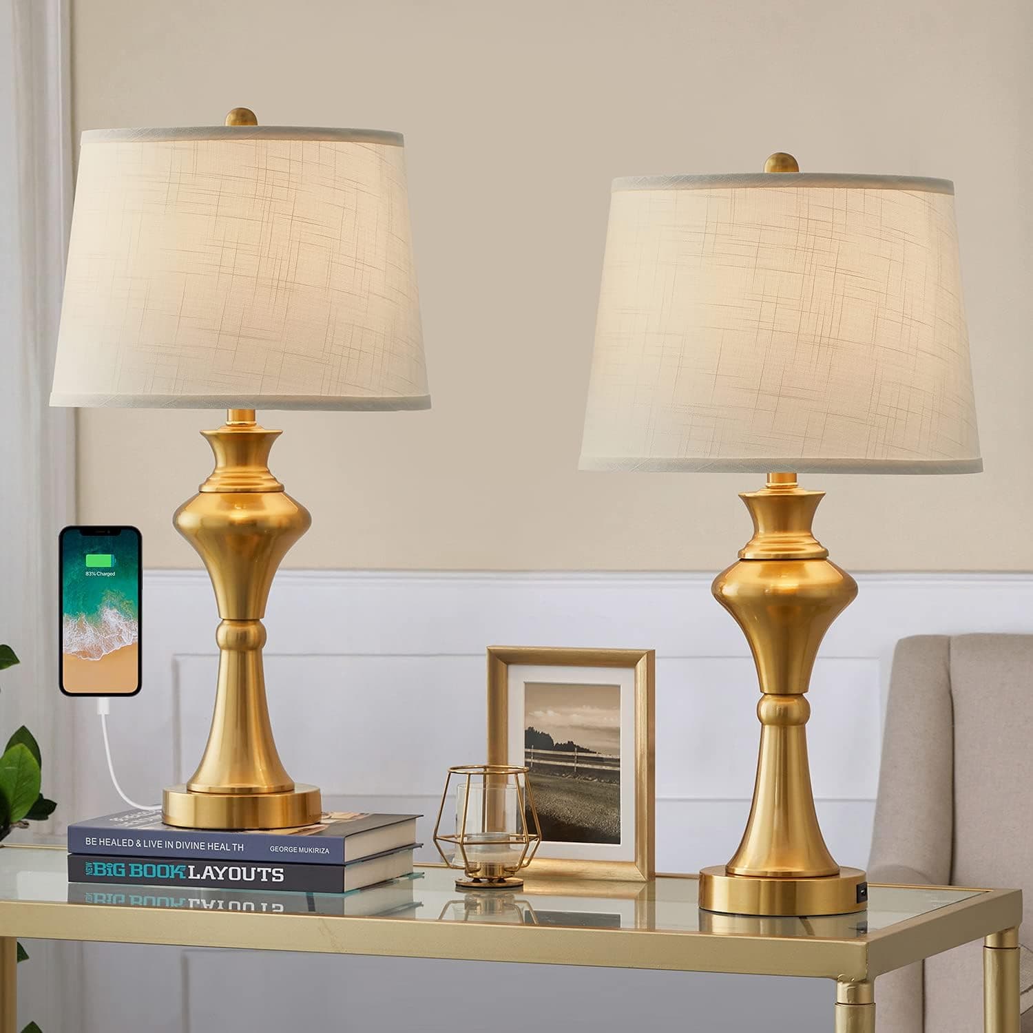 Oneach Modern Table Lamps Set of 2 for Living Room Bedroom 24.5” USB Gold Bedside Nightstand Lamps with Fabric Lampshade
