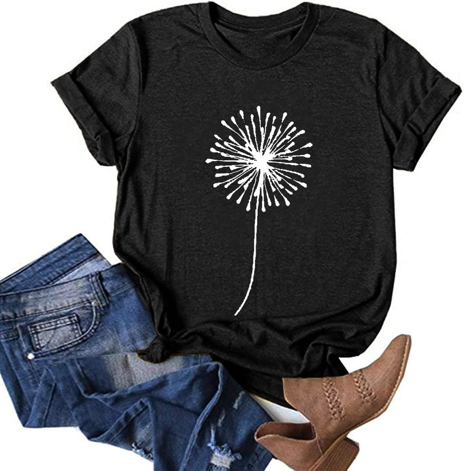 ONHUON Summer Tops for Women,Womens 2021 Fashion Funny T-Shirts Casual Dandelion Printing O-Neck Blouse Graphic Tees