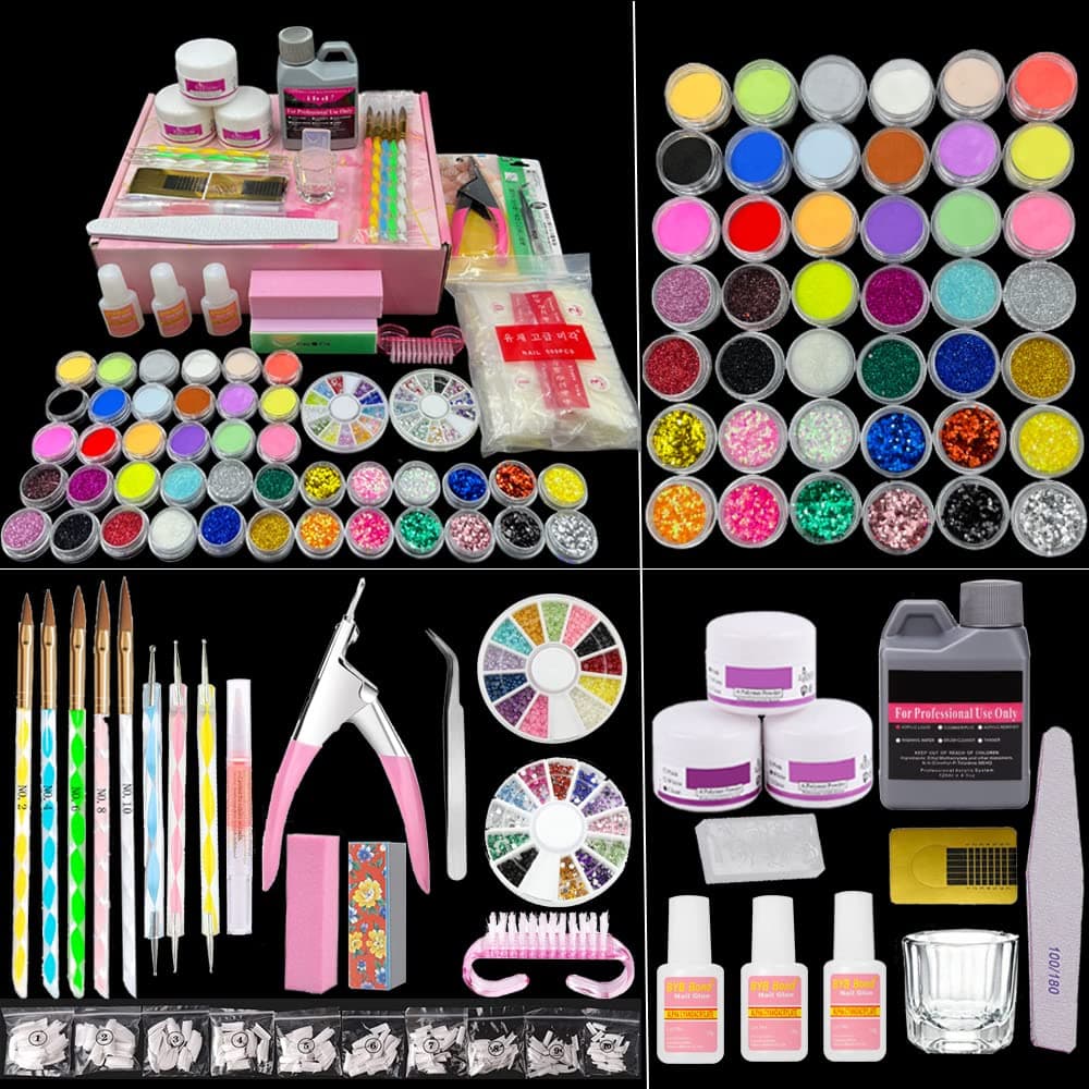 TEEROVA Acrylic Nail Kit with Everything, Professional 42 Colors Glitter Acrylic Nail Powder Brush French Tips Manicure Tools Nail Art Starter Kit