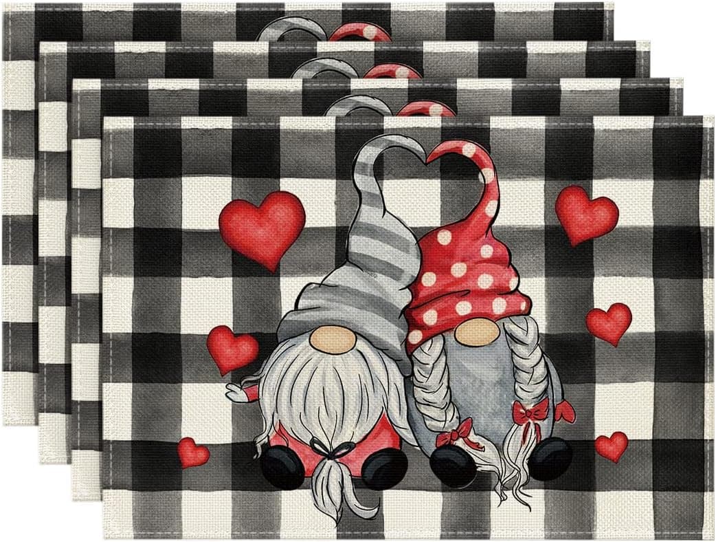 Artoid Mode Buffalo Plaid Hearts Gnomes Love Mother Day Placemats Set of 4, 12x18 Inch Anniversary Wedding Holiday Table Mats for Party Kitchen Dining Decoration