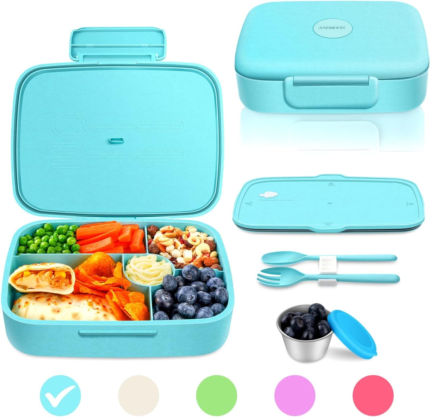 ANDMOON Bento Lunch Box, 5 Compartments Lunch Container for Kids & Adults with Snack cup, Wheat Fiber Eco-Friendly Double Insulated Boxes, Dishwasher and Microwave Safe, BPA-Free (Blue)
