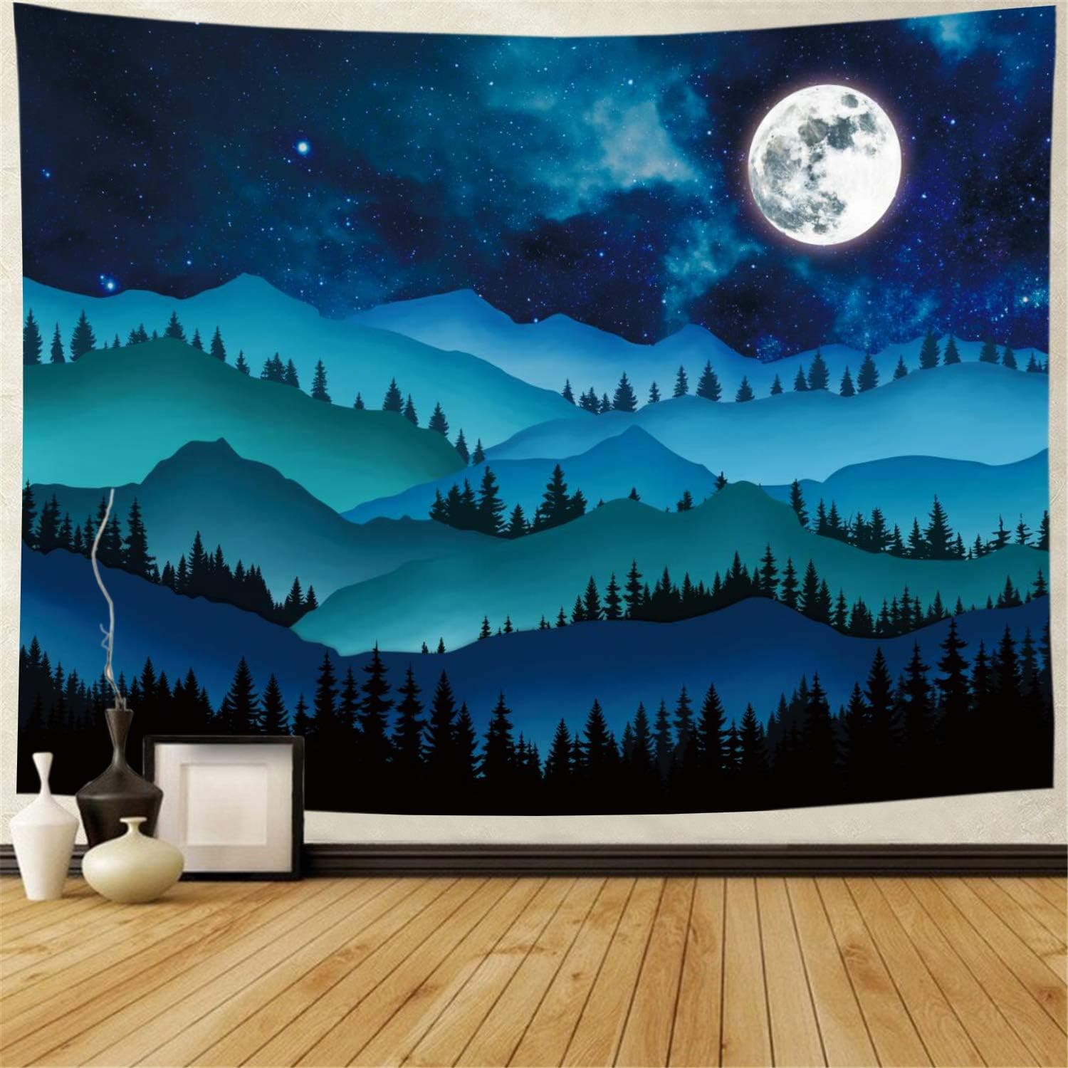 Heopapin Starry Night Tapestry Moon Mountain Tapestry Blue Landscape Tapestry Wall Hanging for Bedroom W59×H51