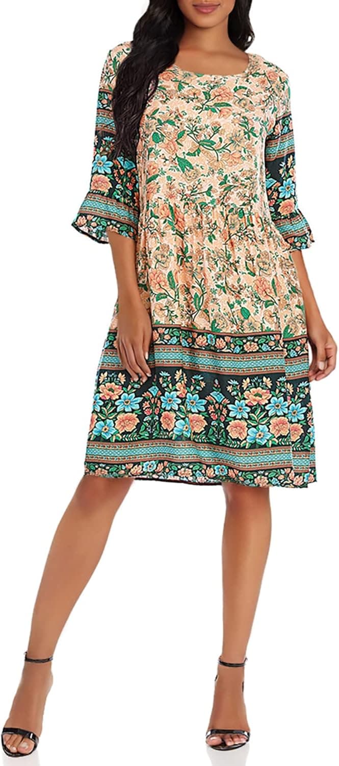 MANXIXUAN Women’s Boho Vintage Floral Print Ruffle Sleeve Casual Tunic Dress with Pockets