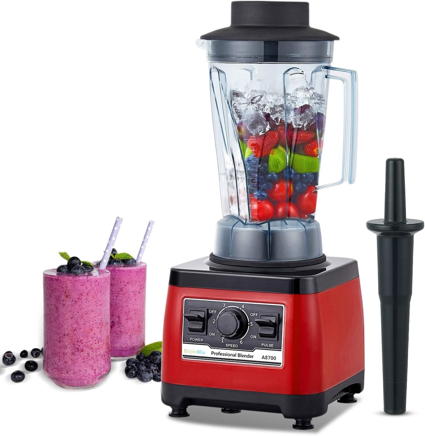 BioloMix Heavy Duty Professional Blender, Peak 2200W Commercial Grade Bar Blender With 70Oz Container For Shakes, Smoothies, Ice Crushing, Frozen Fruits, Soups, Dry Grinding (Red)