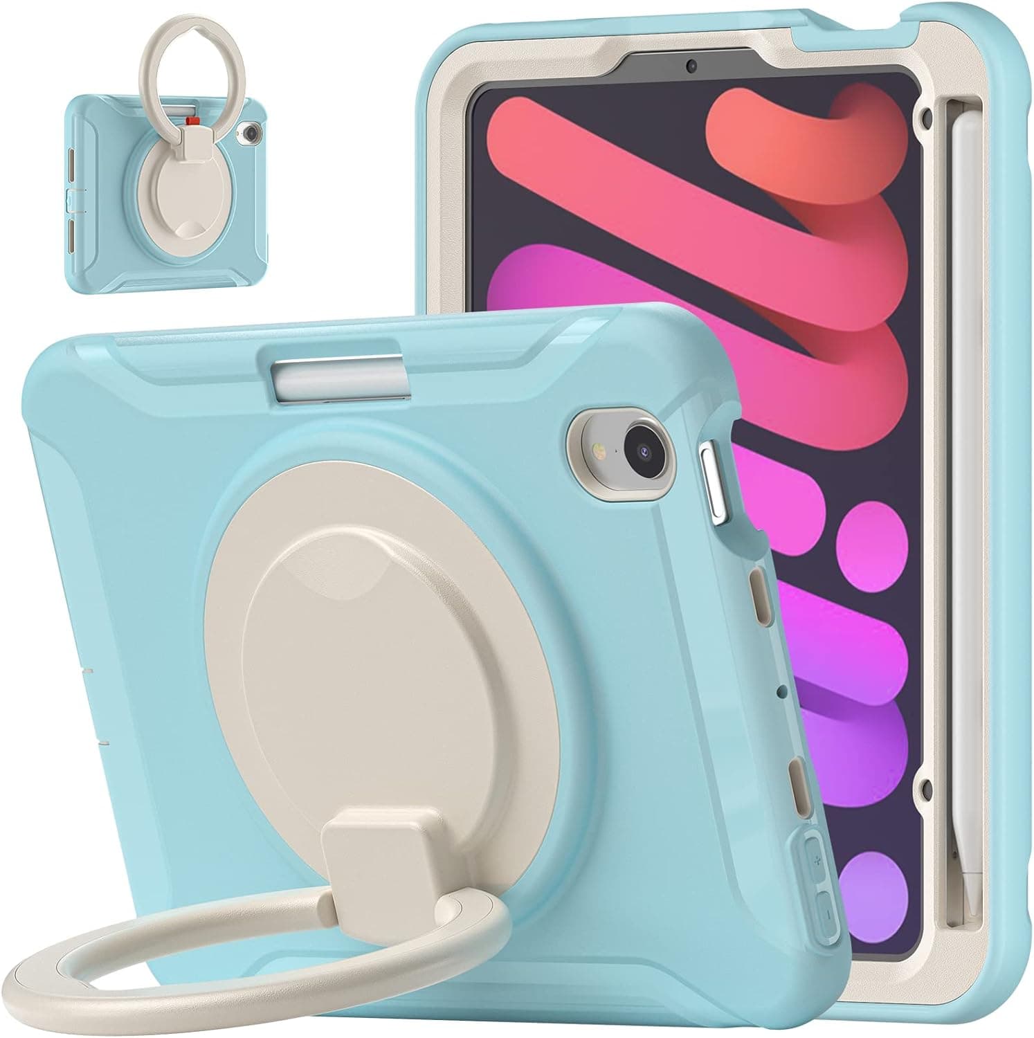 Slticase New iPad Mini 6th Generation Case 2021 8.3 Inch for Kids Boys Girls with Pen Holder & Screen Protector | Protective iPad Mini 6 Case with 360 Stand for Teens Women | Ice Blue