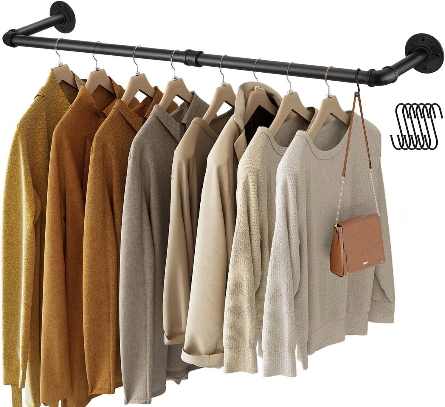 GREENSTELL Clothes Rack,36.2 Inch Industrial Pipe Wall Mounted Garment Rack,Space-Saving Hanging Clothes Rack,Heavy Duty Detachable Garment Bar,Multi-Purpose Hanging Rod for Closet 2 Base(1 Pack)