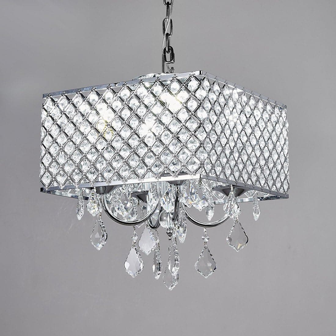 Diamond Life 4-Light Chrome Finish Square Metal and Crytal Shade Crystal Chandelier Pendant Hanging Ceiling Fixture