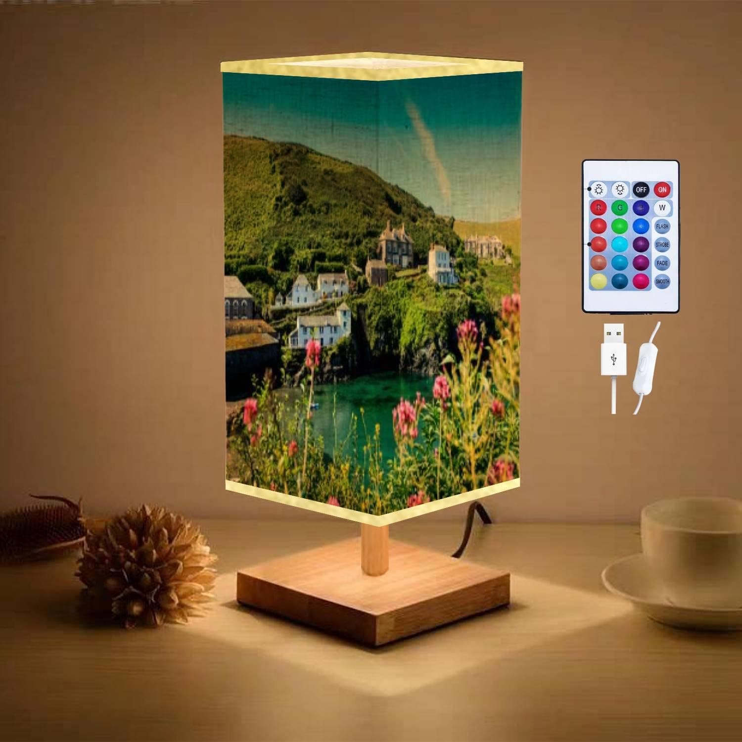 BNIHHHNDIN Dimmable Table Lamp The Village of Port Isaac in Cornwall UK British Cottage Stock USB Bedside Lamp/ Minimalist / Desk Lamp/ Nightstand Eye Protection Warm Light/ Fabric Linen Lamp Shade