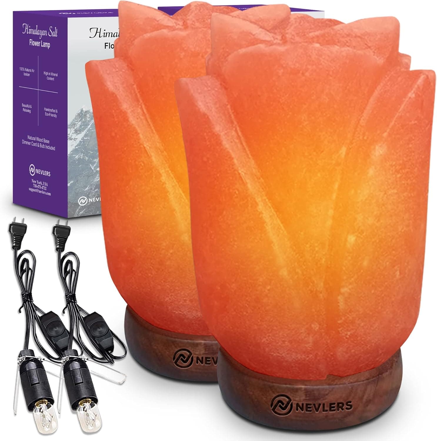 Nevlers 2 Pk Flower Shape Pink Himalayan Salt Lamp with Wood Base| 7-8 lbs & 7"- 8" Tall Salt Rock Lamp with Dimmer Cords & Light Bulbs|100% Authentic Himalayan Pink Salt Lamp |Hand Crafted Salt Lamps