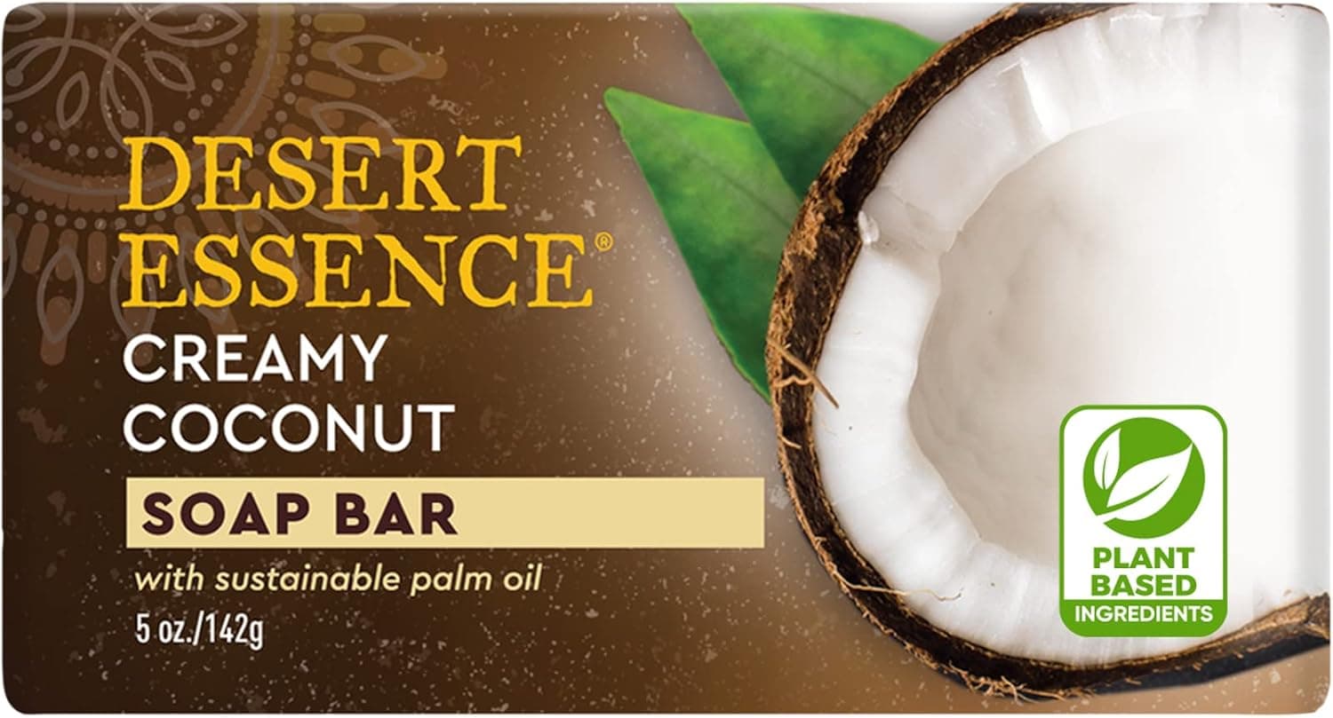 Desert Essence, Creamy Coconut Soap Bar 5 oz. - Non-GMO - Gluten Free - Vegan - Cruelty Free - Sustainable Palm Oil - Colloidal Oatmeal & Jojoba Seed Powder - Cleanses with Delicious Coconut Scent