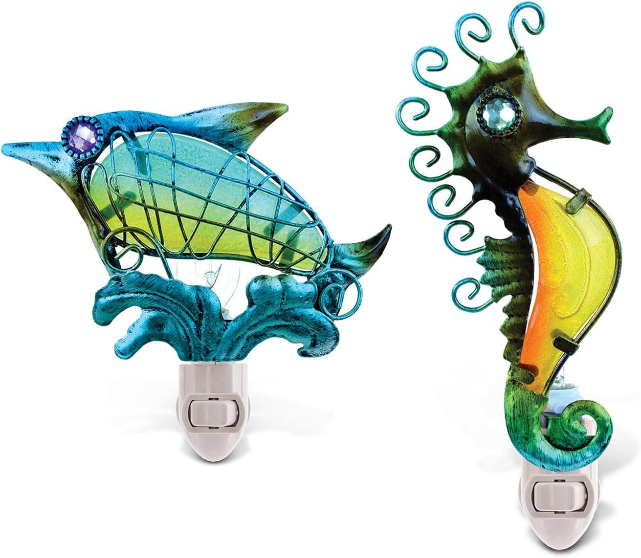 Puzzled Nursery Night Lights Dolphin & Seahorse Plug in Light, 2” Durable Energy Efficient Decorative Portable Socket Lamp Manual On & Off, Home & Kitchen Accessory