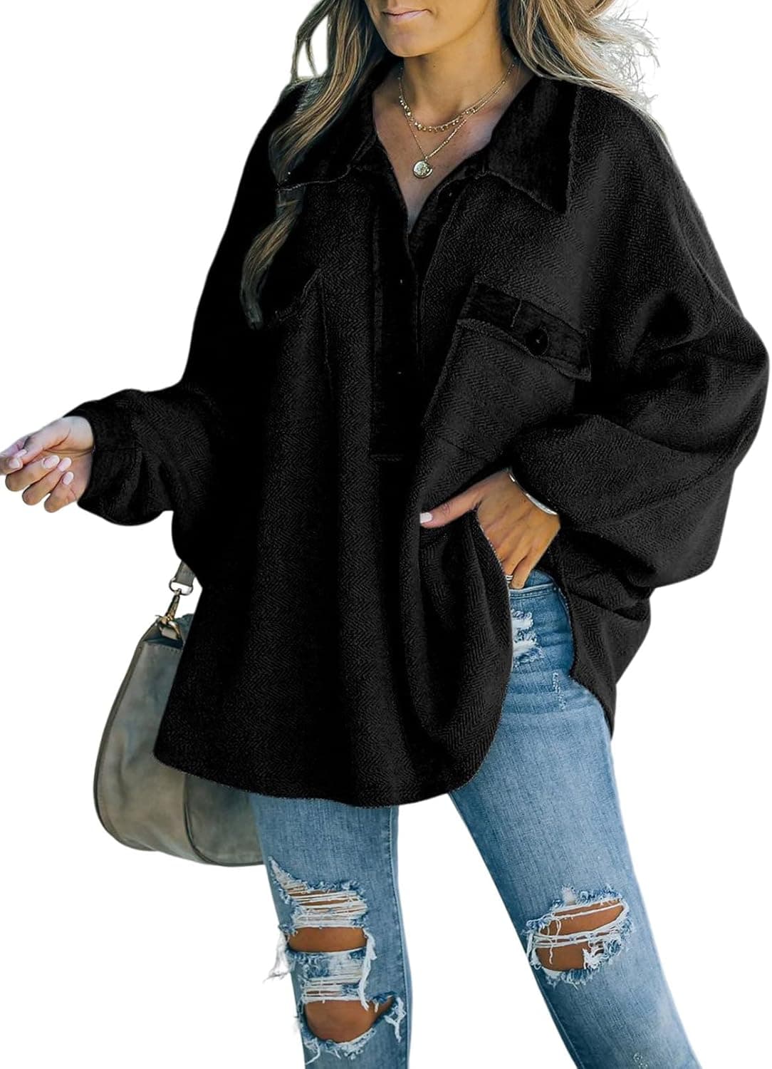 Ecrocoo Womens Casual Long Sleeves V Neck Button Blouses Tops Solid Stand Collar Sweatshirts Hoodies Loose Fit Shirts