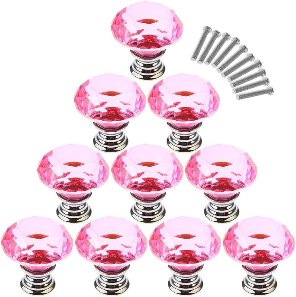 10 Pcs Dresser Knobs, Haoun Crystal Glass Cabinet Knobs 30mm Diamond Shape Drawer Pulls Handles (Pink)