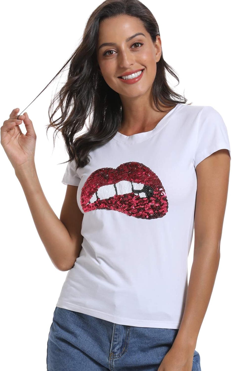 Women Casual Rock N Roll T-Shirt Printed Round Neck Graphic Lips Cute Tee Top White