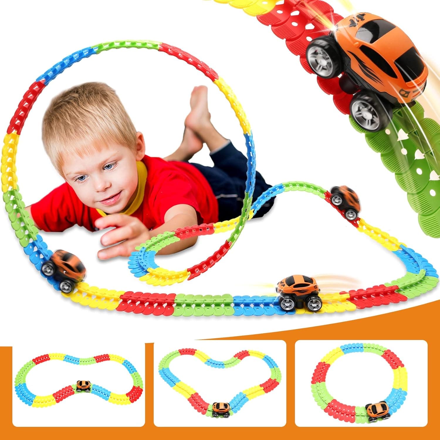 Toddler Toys for 3 Year Old Boys,184 PCS Race Tracks for Boys Create A Road Race,Light-Up Magic Car Toys Set with Flexible Track,Assembled Kids Gifts Toys for Boys Girls Age 3 4 5 6 Christmas Birthday