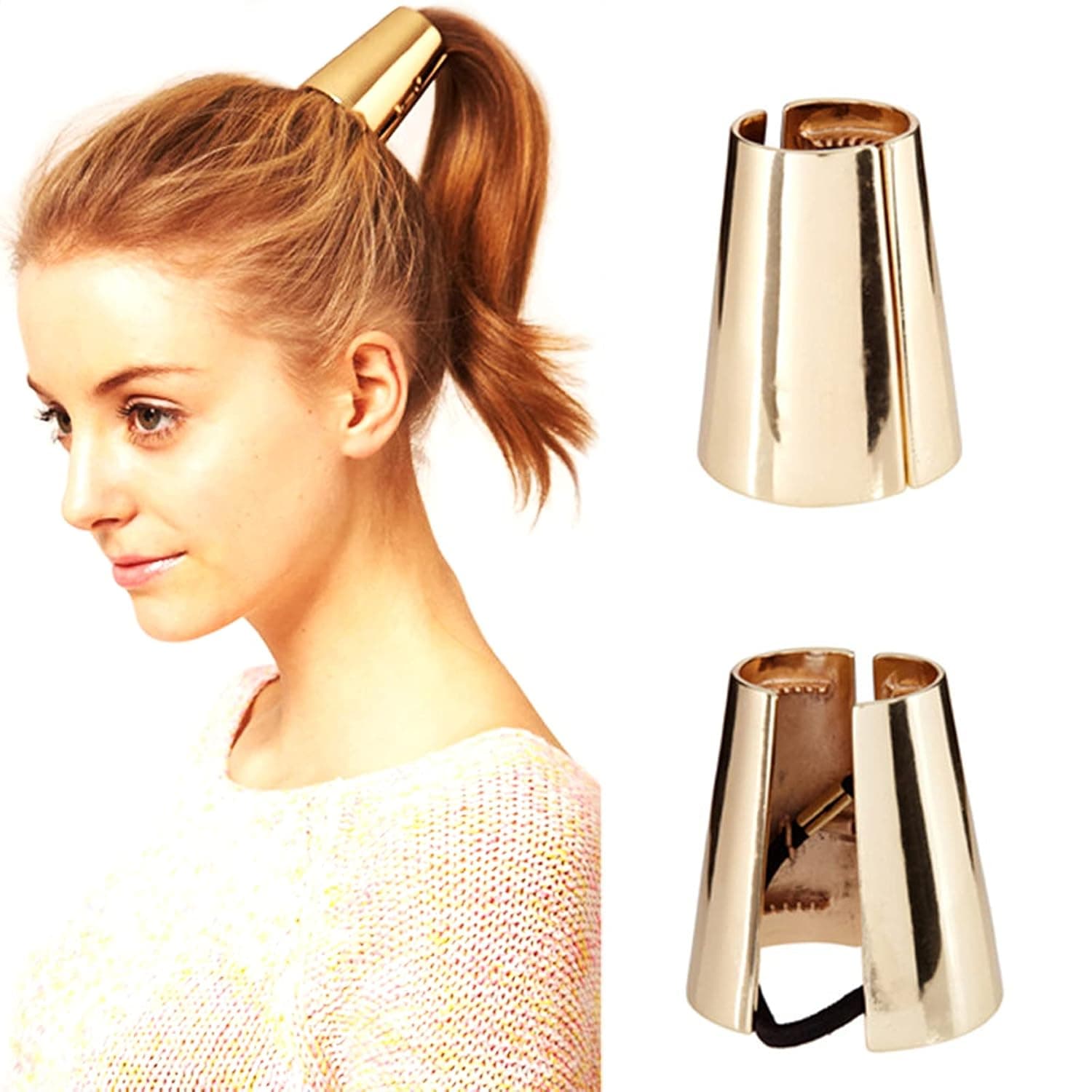 2 Pack Metal Ponytail Hair Ring for Long Hair Horsetail Buckle Simple Smooth Horn Rubber String Elastic Hair Ties Ponytail Hair Cuff Alloy Hair Bands (Gold)