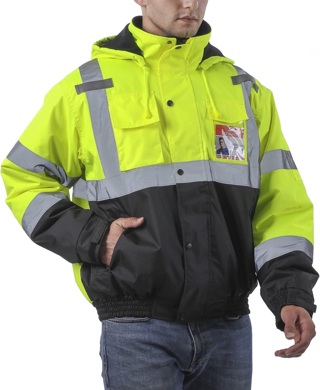 sesafety Reflective Jacket for Men, High Visibility Jackets for Men, Safety Jackets for Men, Hi Vis Construction Bomber Jackets Waterproof with Pockets and Zipper, Black Bottom, Class 3, Yellow, 3XL