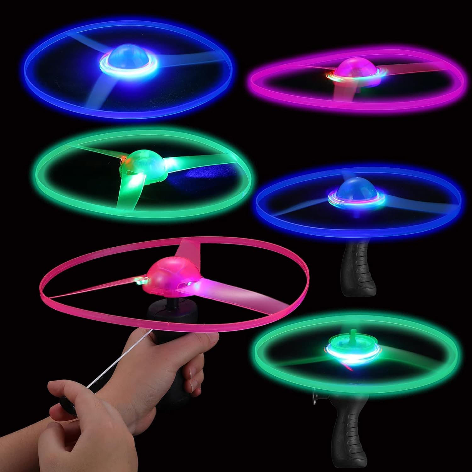 6 Pieces Flying Toys Light up Disco Flyers Flying Spinner with Launchers and Lights Colorful Flying Disc LED Pull String Toy for Indoor Outdoor Games, Multicolor