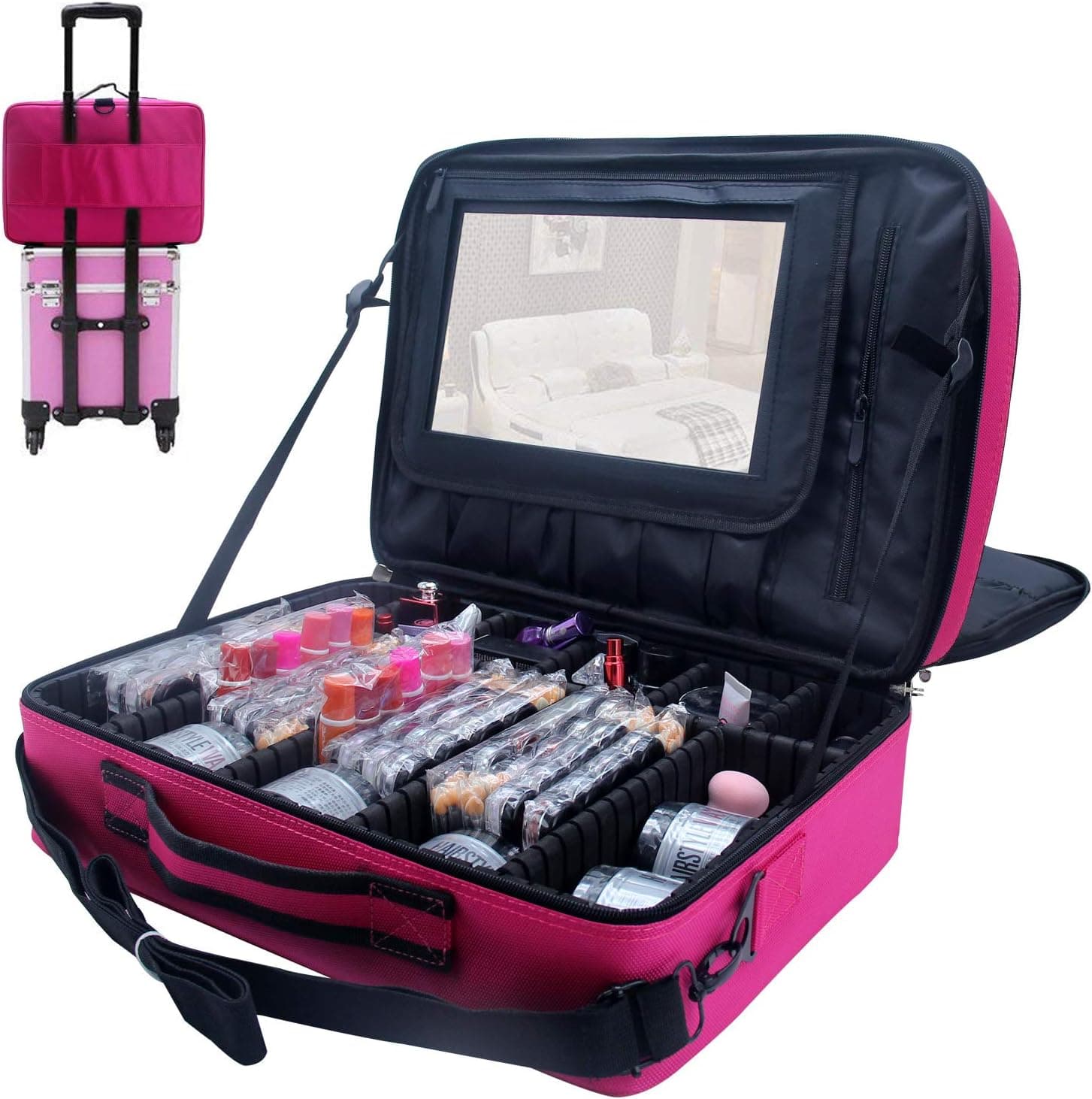 Relavel 3 layer Multi -Functional Professional Makeup Train Case Super Large Makeup Bag Organizer for Brush Hair Curler Salon Nail Beauty tool Attach to Trolley With Mirror (Extra Large Hot Pink)