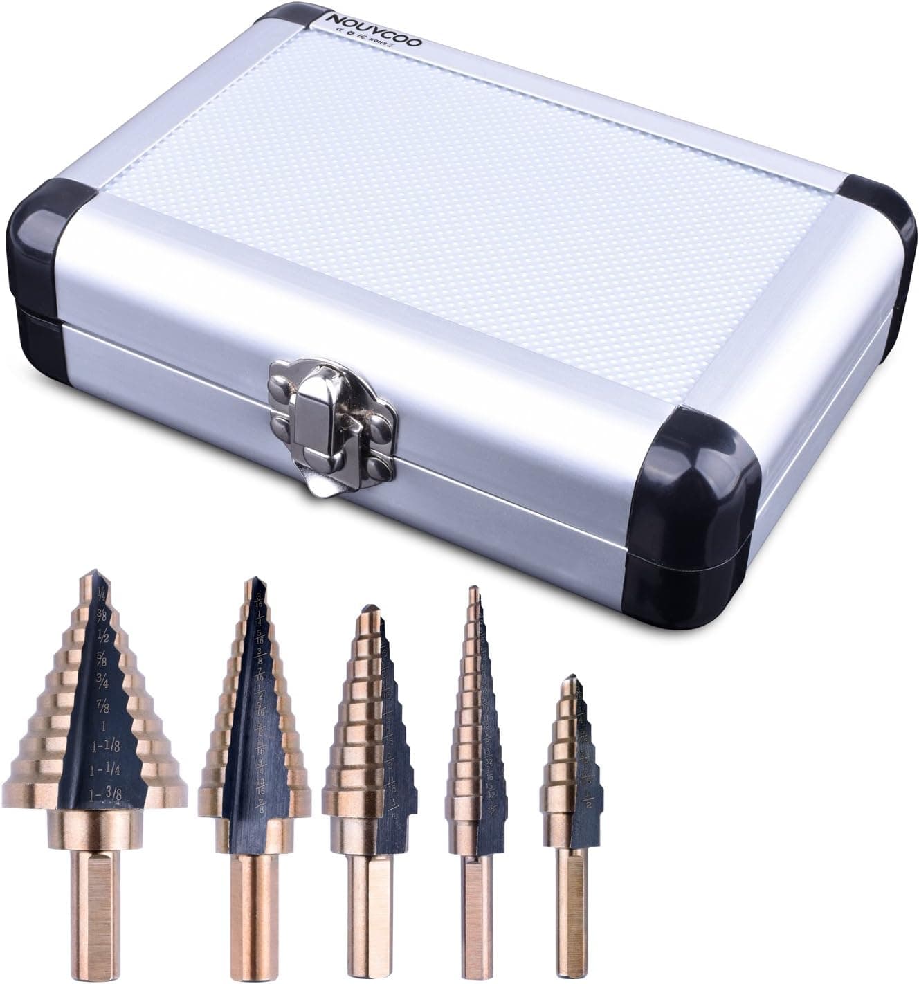 5Pcs Hss Cobalt Titanium Step Drill Bit Set Tools, High Speed Steel Total 50 Sizes with Aluminum Case