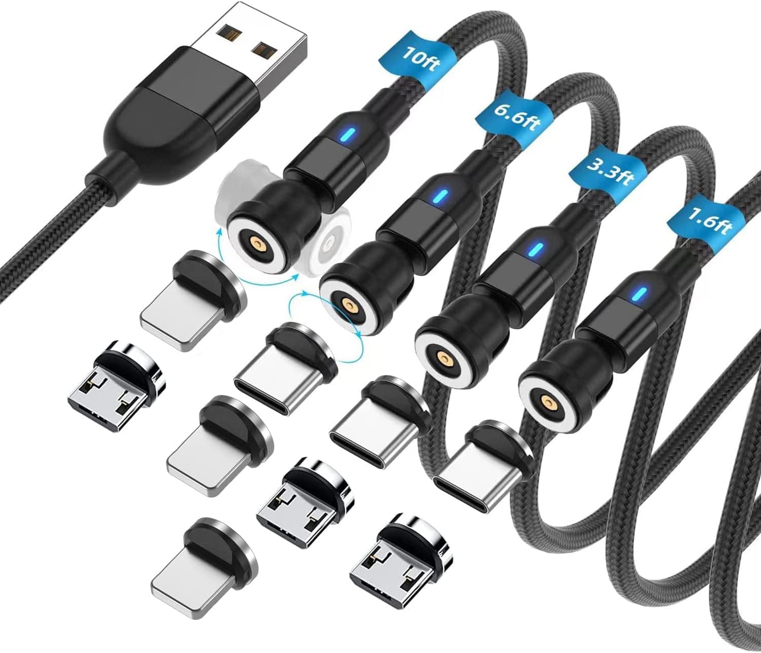 Yidawin Magnetic Charging Cable (4 Pack 1.6ft+3.3ft+6.6ft+10ft), 540° Rotation Magnetic USB Cable, Nylon Braided Magnetic Phone Charger Cable for Type C, Micro USB, iProduct