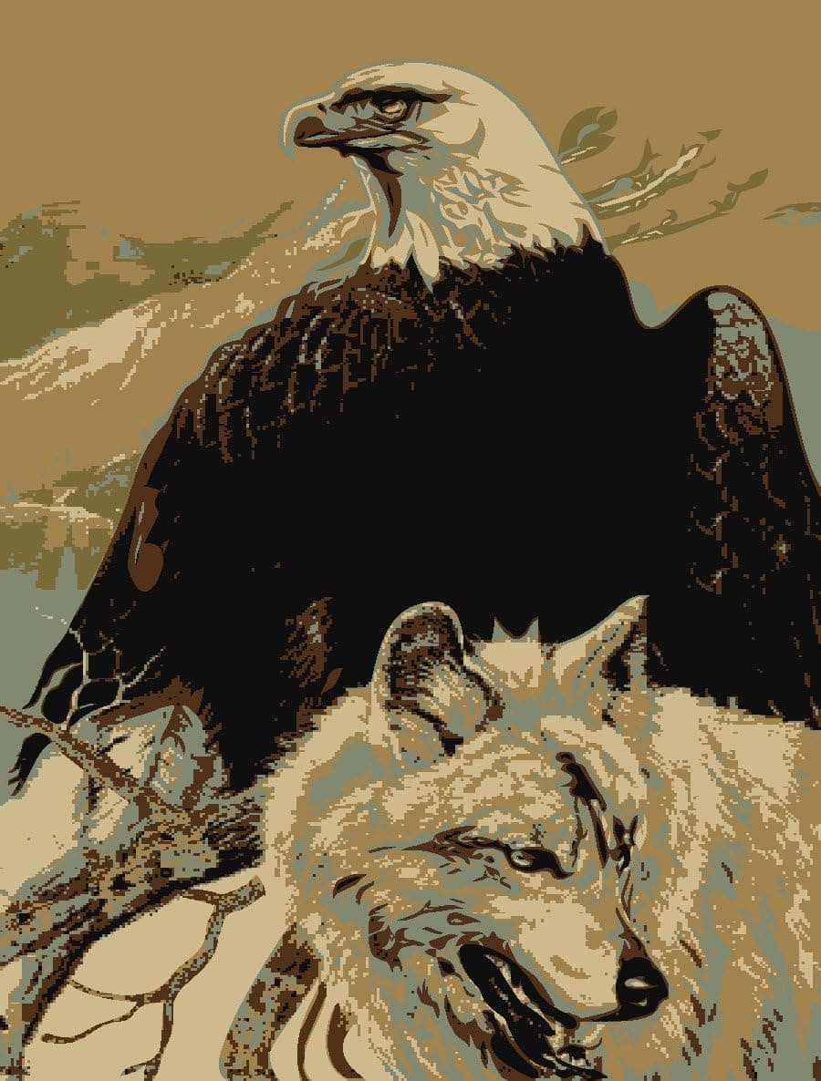 Ottomanson Animal Rug Brown and Beige 3'3"X5'0" Wild-Life Eagle and Wolf Design Machine-Washable Non-Slip Area Rug