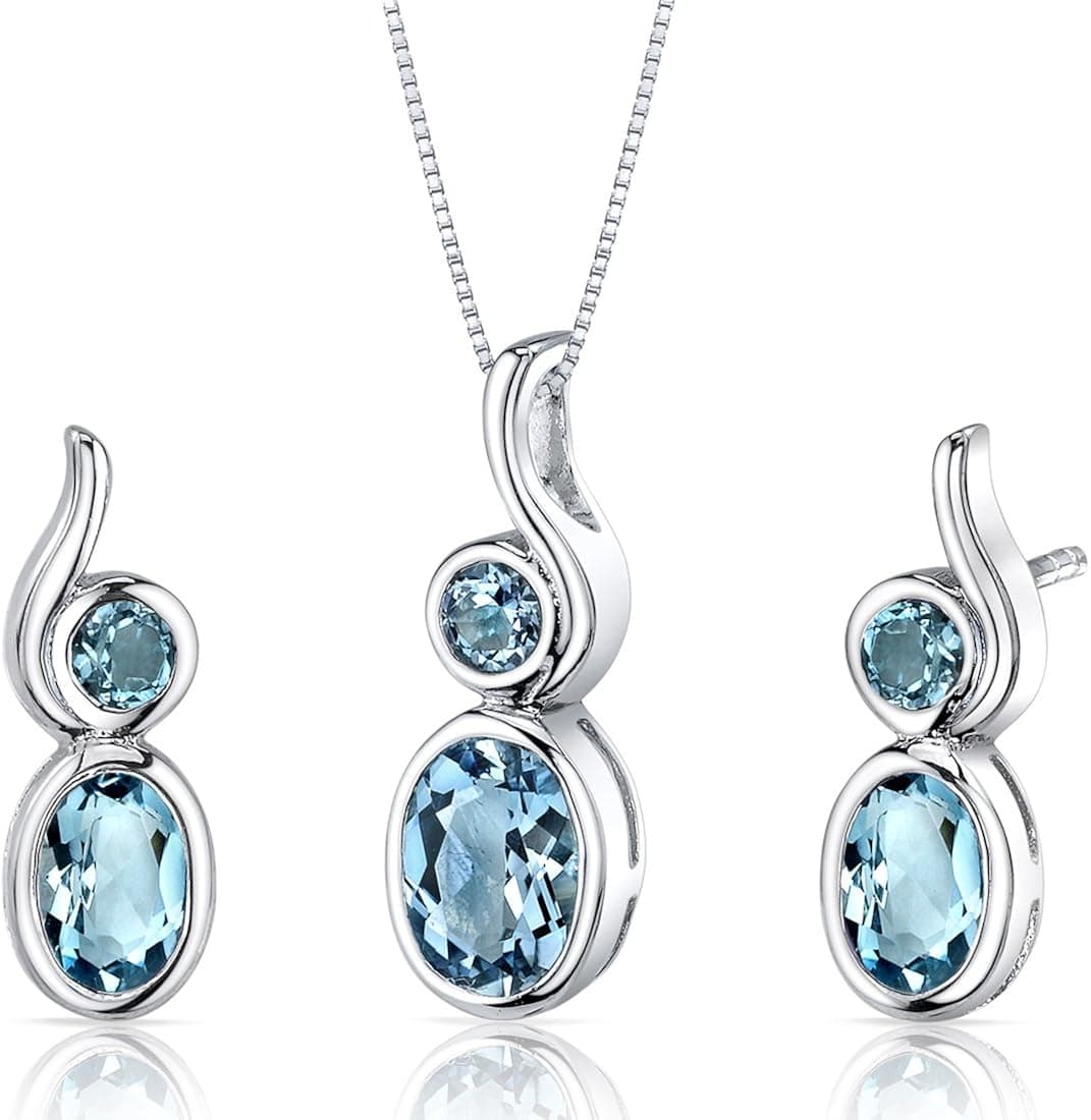 Swiss Blue Topaz Pendant Earrings Necklace Set Sterling Silver Bezel Set 2.75 Carats