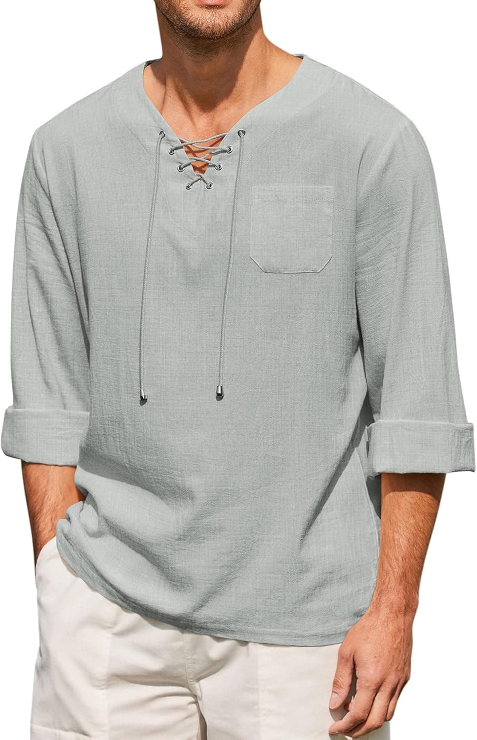 COOFANDY Mens Cotton Linen Shirts Lace Up Casual Beach Hippie Tee Shirts V Neck