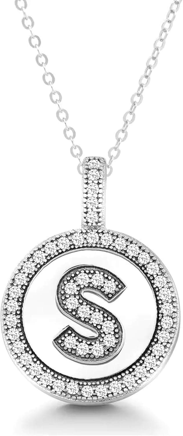 Initial Necklace Sterling Silver Cubic Zirconia Initial Pendant Circle Letter Necklaces for Women