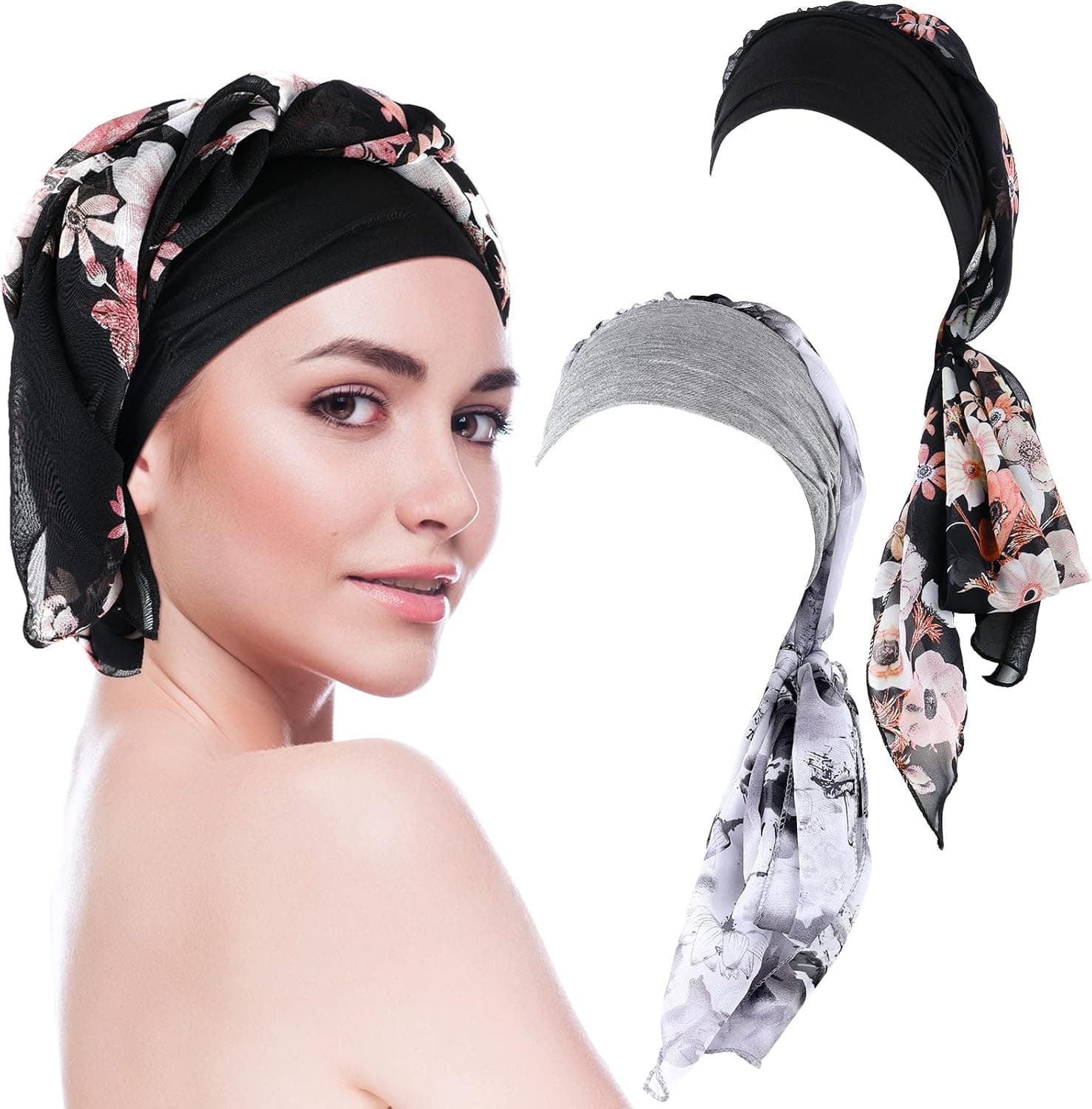 Geyoga 2 Pieces Headwear Silky Women Turbans Long Hair Head Scarf Sleep Beanie Head Scarf Headwraps for Women