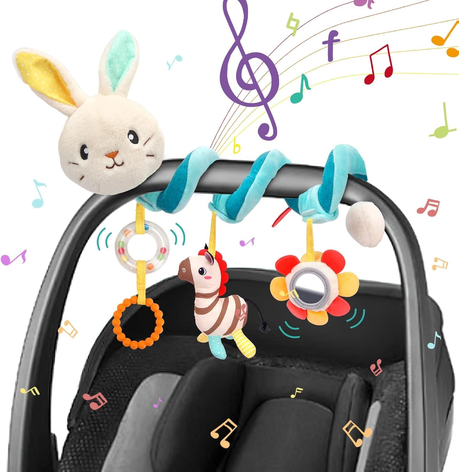 JERICETOY Baby Car Seat Toys 0-6 Months, Carseat Toys for Infants Stroller Toy Baby Spiral Plush Toys Hanging Crib Activity Toy for Crib Bed Stroller Car Seat, Hanging Rattle Toy