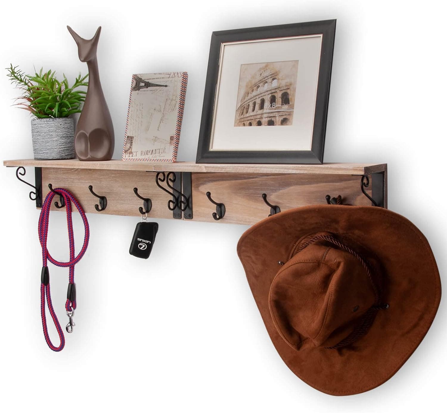 Spiretro Coat Hook Rack with Shelf, Wall Floating Shelves with Leash Key Holder, Hat Bag Organize, Storage, Decorative for Entryway, Mudroom, Bathroom, Set of 2, Rustic Wood Grey