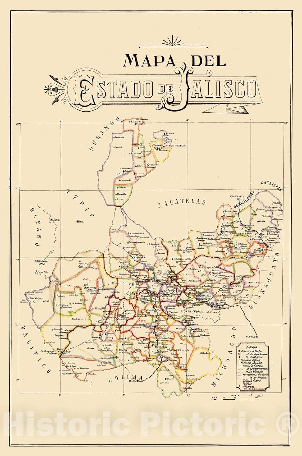 Historic Pictoric Map : Jalisco, Mexico 1923, Mapa del estado de Jalisco, Antique Vintage Reproduction : 16in x 24in