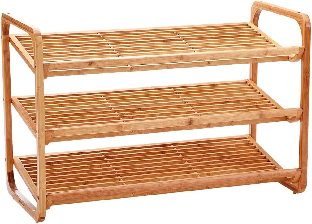 3 Tier Shoe Rack Organizer - Sturdy Shoe Rack Storage for Closet, Door or Entryway,Natural Solid Bamboo, Fits 9-10 Shoes