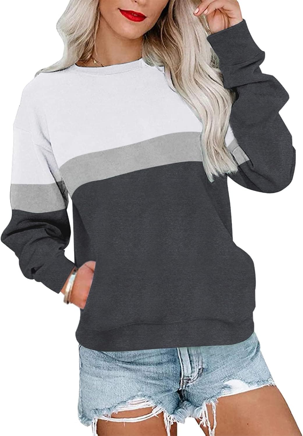PGANDS Women's Color Block Sweatshirt Long Sleeve Crewneck Pullover Tops Fashion Lightweight Tunic with Pocket