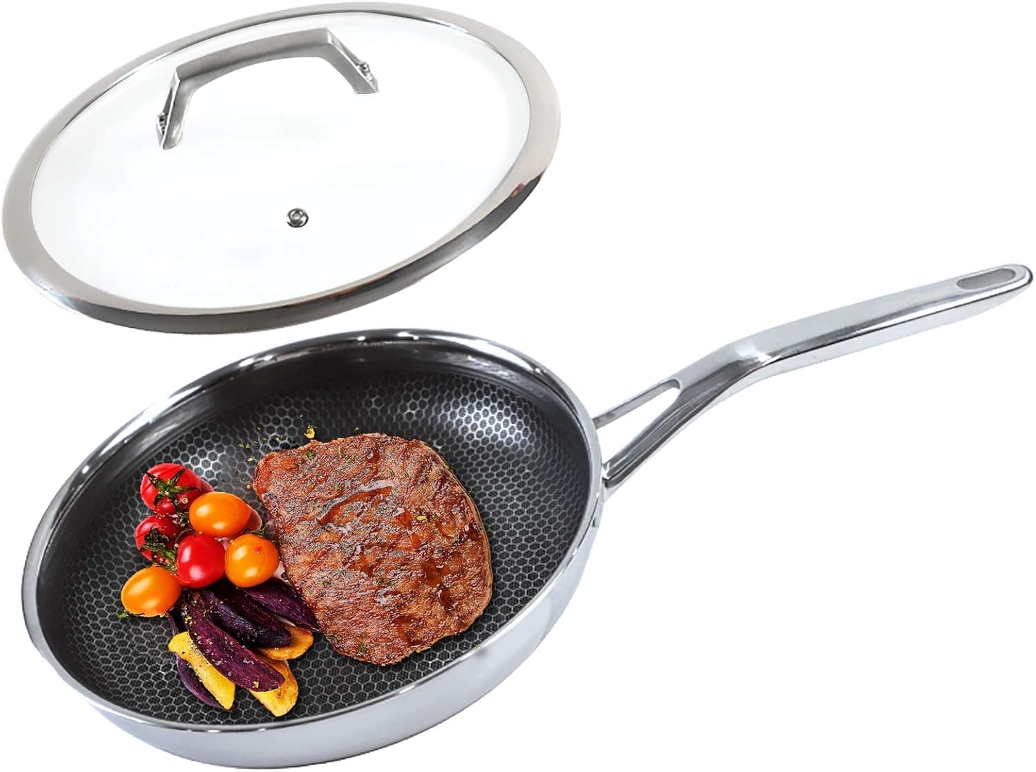 Joydeem Nonstick Frying Pan With Glass Lid FPAN26, Honeycomb Cooking Pans, 10 Inch(26CM), 6.17Ib,No Revit Design, Easy to Clean