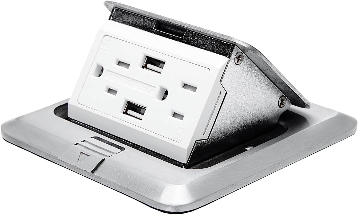 BTU Pop Up Floor Electrical Outlet, Kitchen Countertop Waterproof Sockets with 2 USB Ports, 20A Tamper-Weather Resistant Receptacle Outlet, Watertight Gasket, Corrosive Resistant Hardware (Sliver)