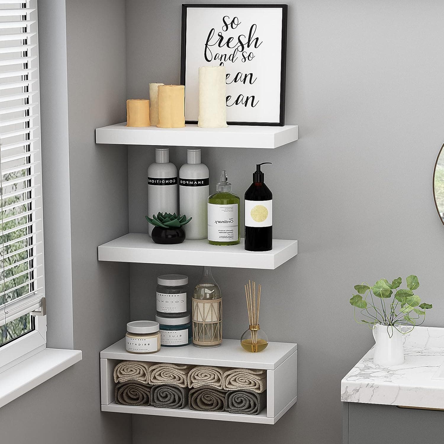 TEPLEDGE Floating Shelves Set of 3, Modern Bathroom Shelves Over Toilet with Paper Storage Rack, Wall Mounted Shelves for Kitchen, Bedroom, White