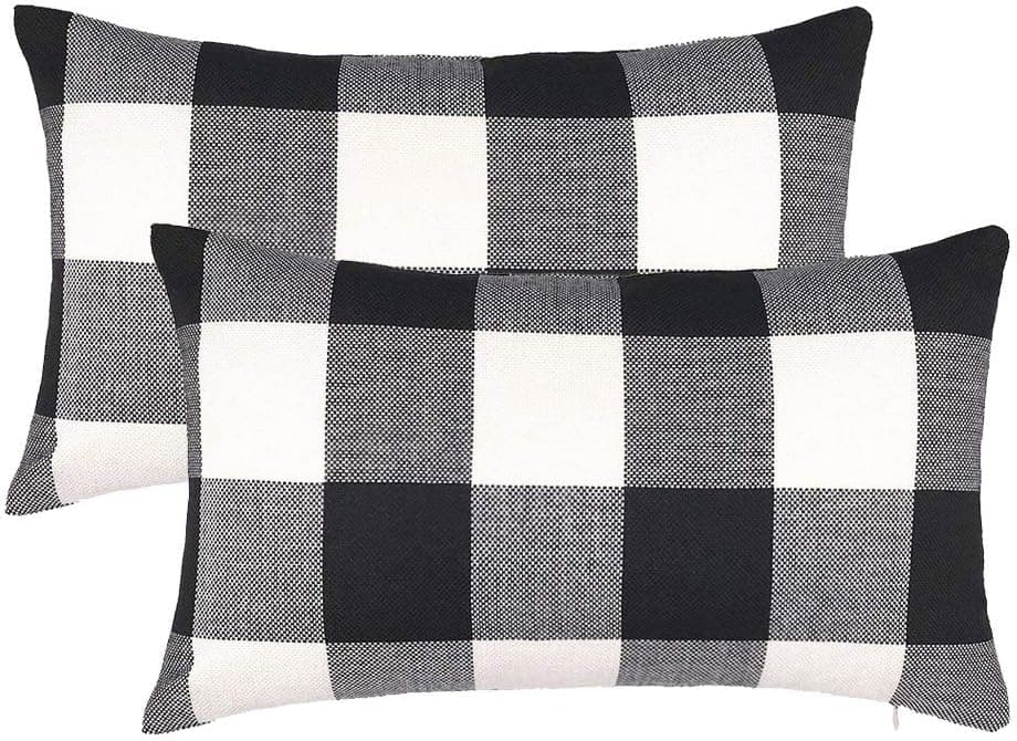 4TH Emotion Set of 2 Farmhouse Buffalo Check Plaid Throw Pillow Covers Cushion Case Polyester Linen for Fall Home Decor Black and White, 12 x 20 Inches