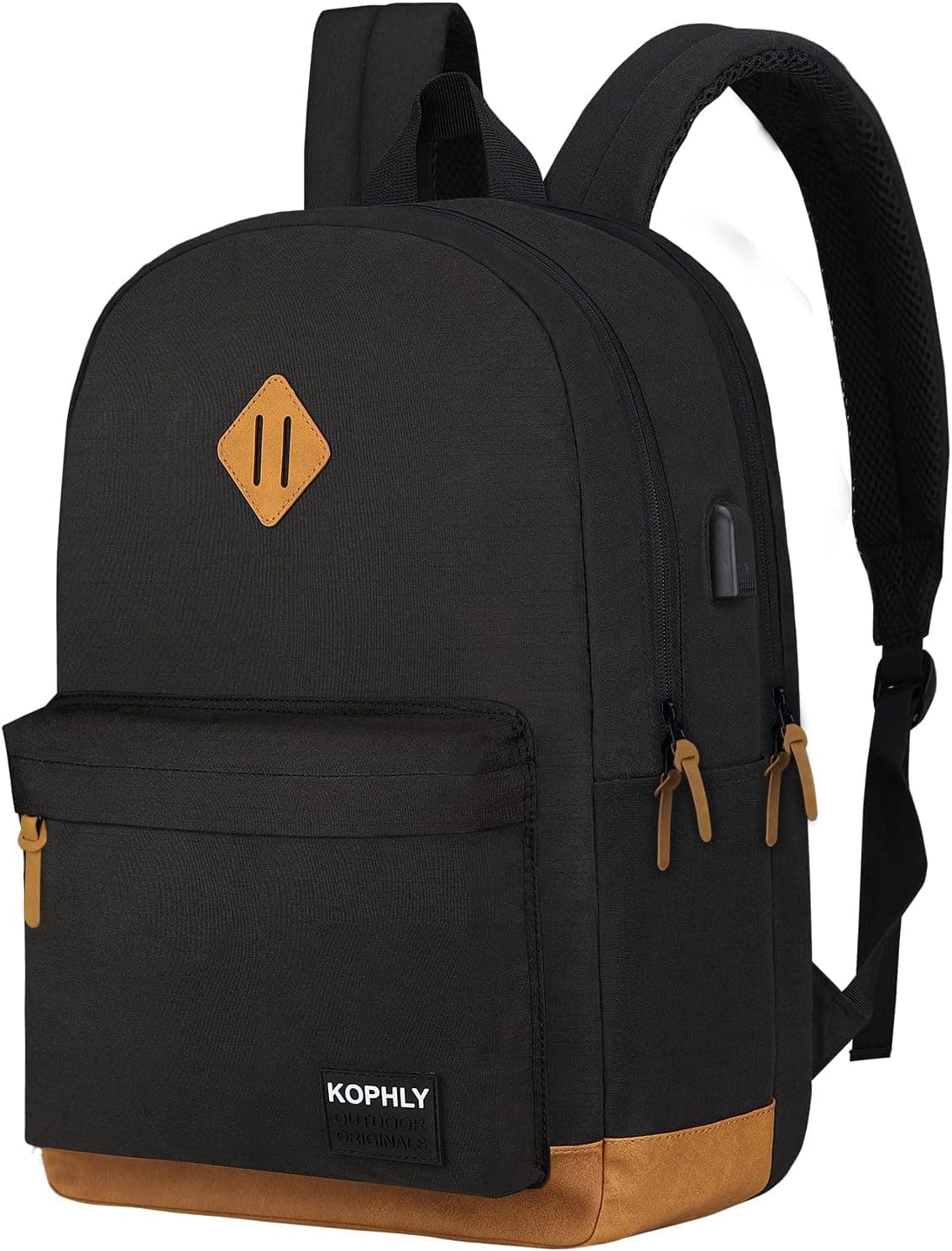 KOPHLY Carry-on Laptop Backpack For Travel,USB Charging Port,Classic Backpack For Men and Women, Casual Work Bag(dark black and brown)