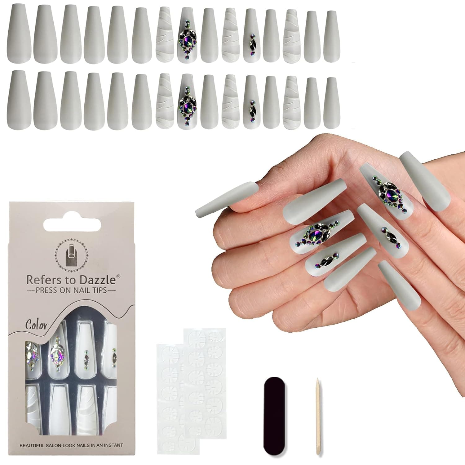 Press On Nailas Long, Refers to Dazzle Marble Fake Nails Acrylic Press On Nailas Coffin Nails for Women